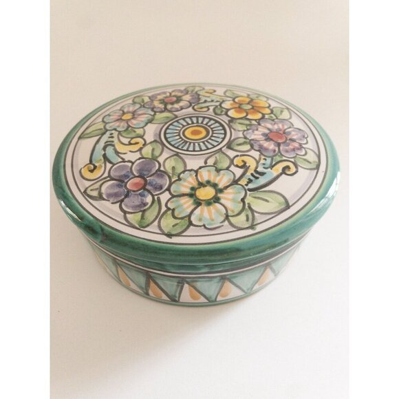 Handmade D' Acunto Vietri Italian Ceramic Floral Round Box 6" Diameter - Picture 11 of 15